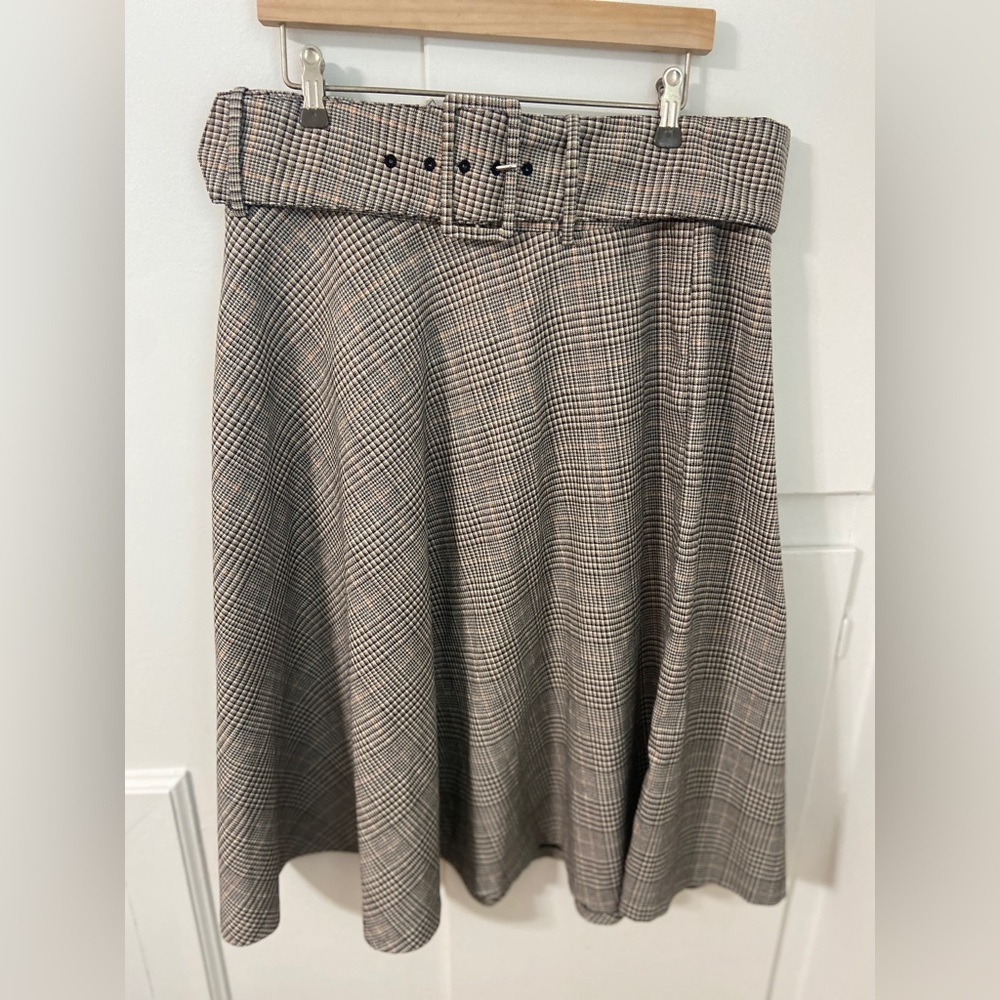 Belted midi plaid skirt